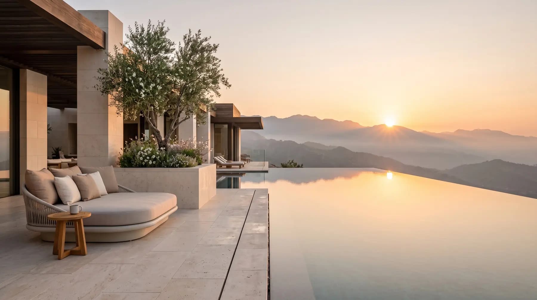 Contemporary Greek residence above the sea at dusk