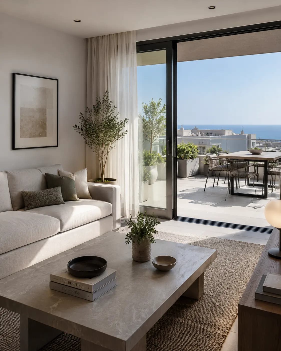 Prepared living room opening onto a cared-for coastal terrace