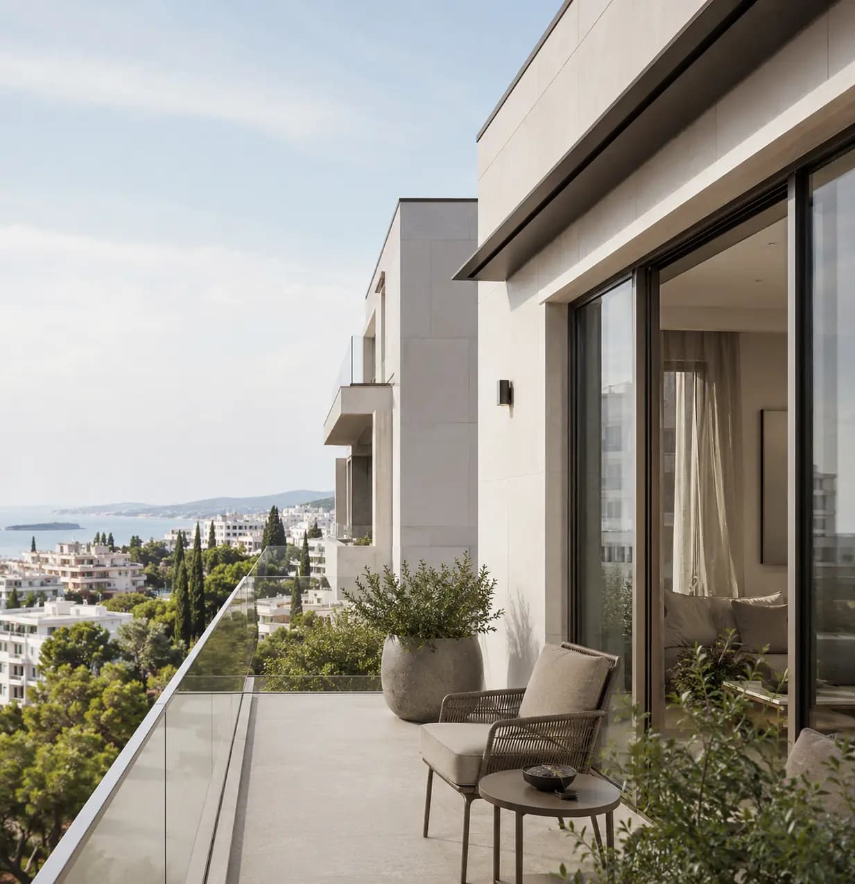 Contemporary balcony overlooking a Greek coastal neighbourhood