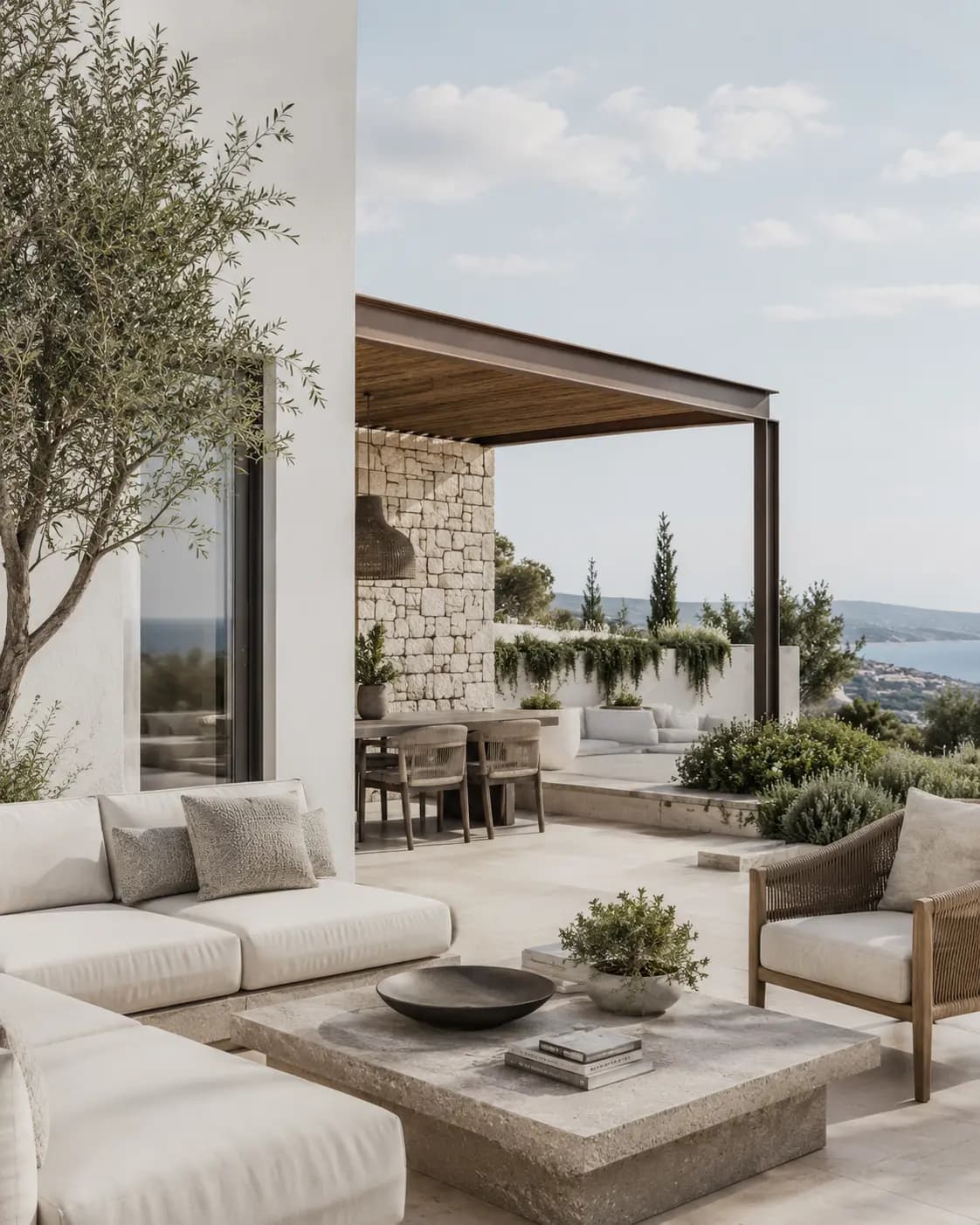 Contemporary Greek terrace prepared for long-term living